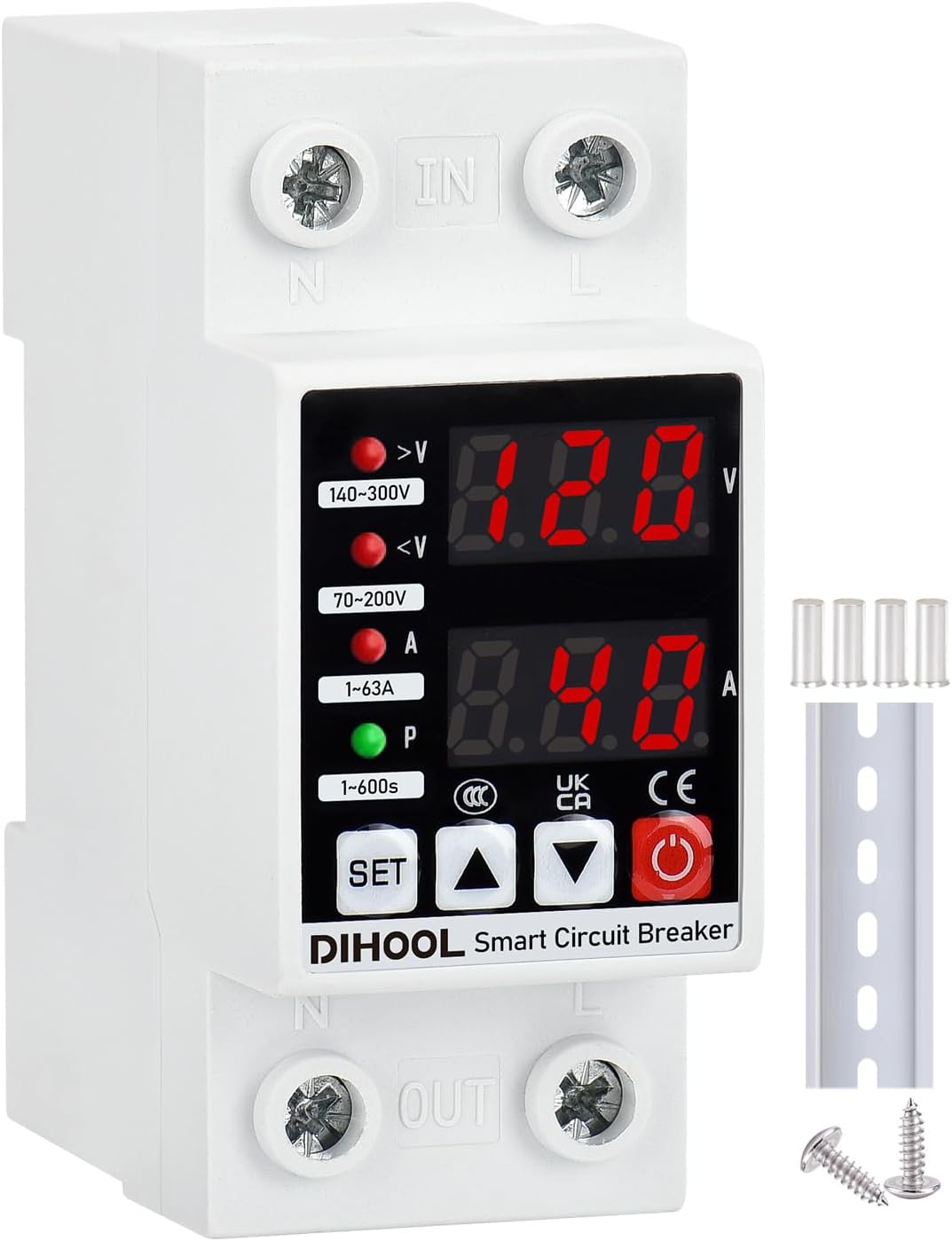 DIHOOL Adjustable Voltage Protector 110V 220V, Low/High Voltage Cutoff and Overcurrent Protection, 70-200V Undervoltage, 140-300V Overvoltage, 1-63A Smart Circuit Breaker AC Disconnect, DIN Rail Mount