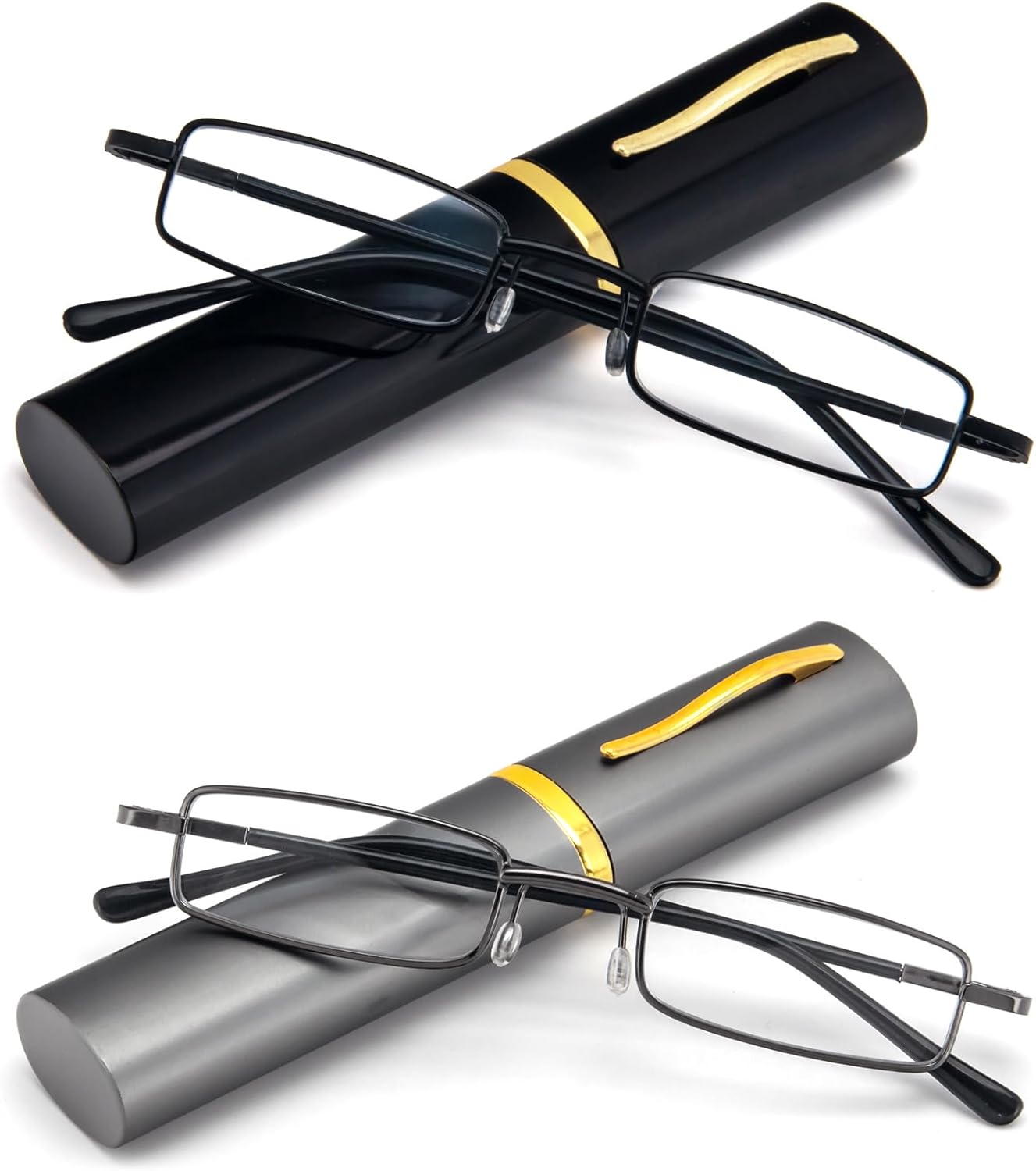 REAVEE 2 Pack Slim Pen Reading Glasses for Men Women, Small Pocket Size Tube Readers Spring Hinge with Portable Clip Case, Black and Grey 1.25