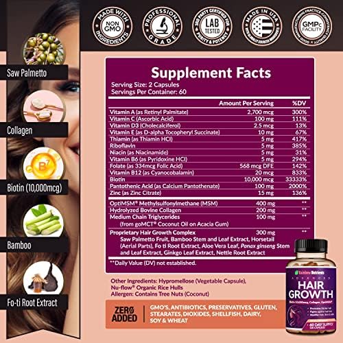 Hair Growth Vitamins for Women | Biotin 10,000mcg, Collagen, Patented OptiMSM®, goMCT®, Saw Palmetto | Naturally Regrow Stronger & Healthier Hair, Skin and Nails | Stops Hair Loss | 60 Day Supply