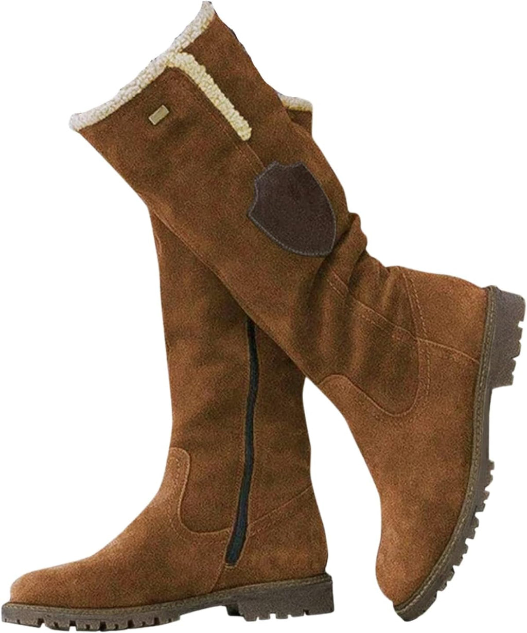Knee High Snow Boots for Women Winter Outdoor Cotton Soft Non-Slip Riding Booties Round Toe Side Zipper Low Heel Womens Mid Calf Boots