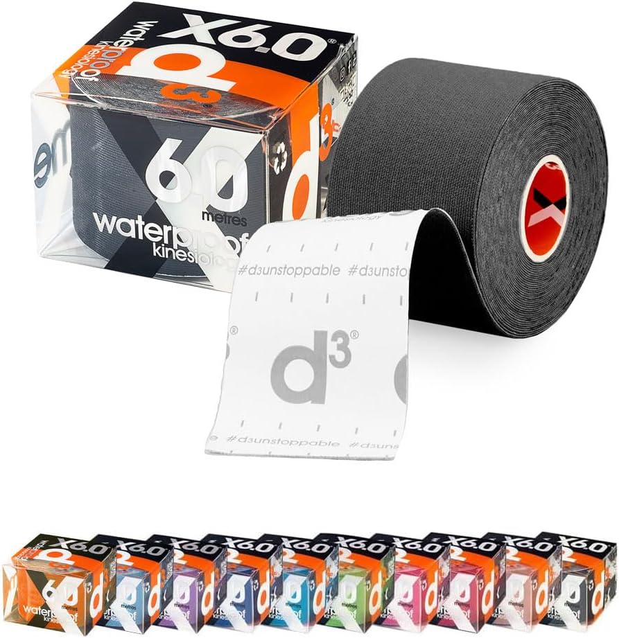d3 X6.0 Waterproof Kinesiology Tape 2in x 20ft – Black Athletic Tape for Joint Support, Pain Relief & Muscle Recovery | Sweatproof & Hypoallergenic for Knee, Shoulder & Back – Uncut Roll