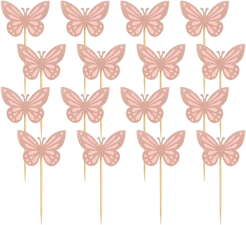 30 Pcs Butterfly Cupcake Toppers Assembled Butterfly Cake Toppers Glitter Butterflies Cake Picks Double Layers Cupcake Topper for Cake Decor Light Pink