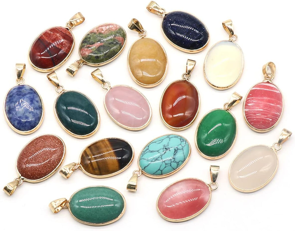 QSLLER 6pcs Natural Stone Pendant Oval Rose Quartz Opal Agate Polished Gemstone Crystals Charms for Jewelry Making Necklace Earrings
