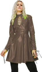 Women PVC Long Sleeve Dress Vinyl Hollow Out A-Line Dress High Waist Above Knee Mini Party Dress,Dark Brown,XL