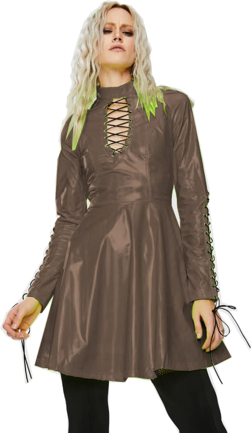Women PVC Long Sleeve Dress Vinyl Hollow Out A-Line Dress High Waist Above Knee Mini Party Dress,Dark Brown,XL