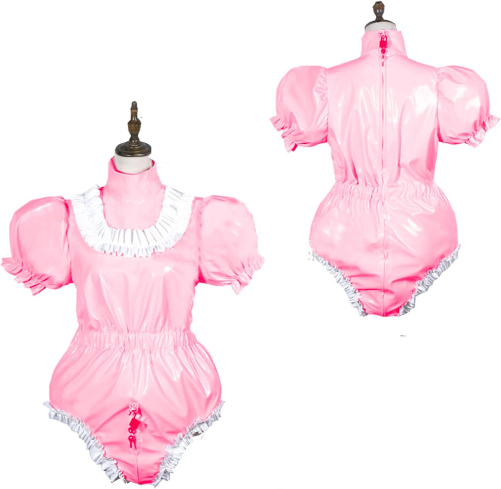 Bodysuit Shiny PVC Short Sleeve Maid Costume Vinyl Maid Dress Lockable Jumpsit Plus Size,Light Pink,M