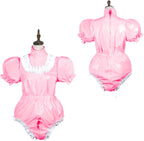 Bodysuit Shiny PVC Short Sleeve Maid Costume Vinyl Maid Dress Lockable Jumpsit Plus Size,Light Pink,M