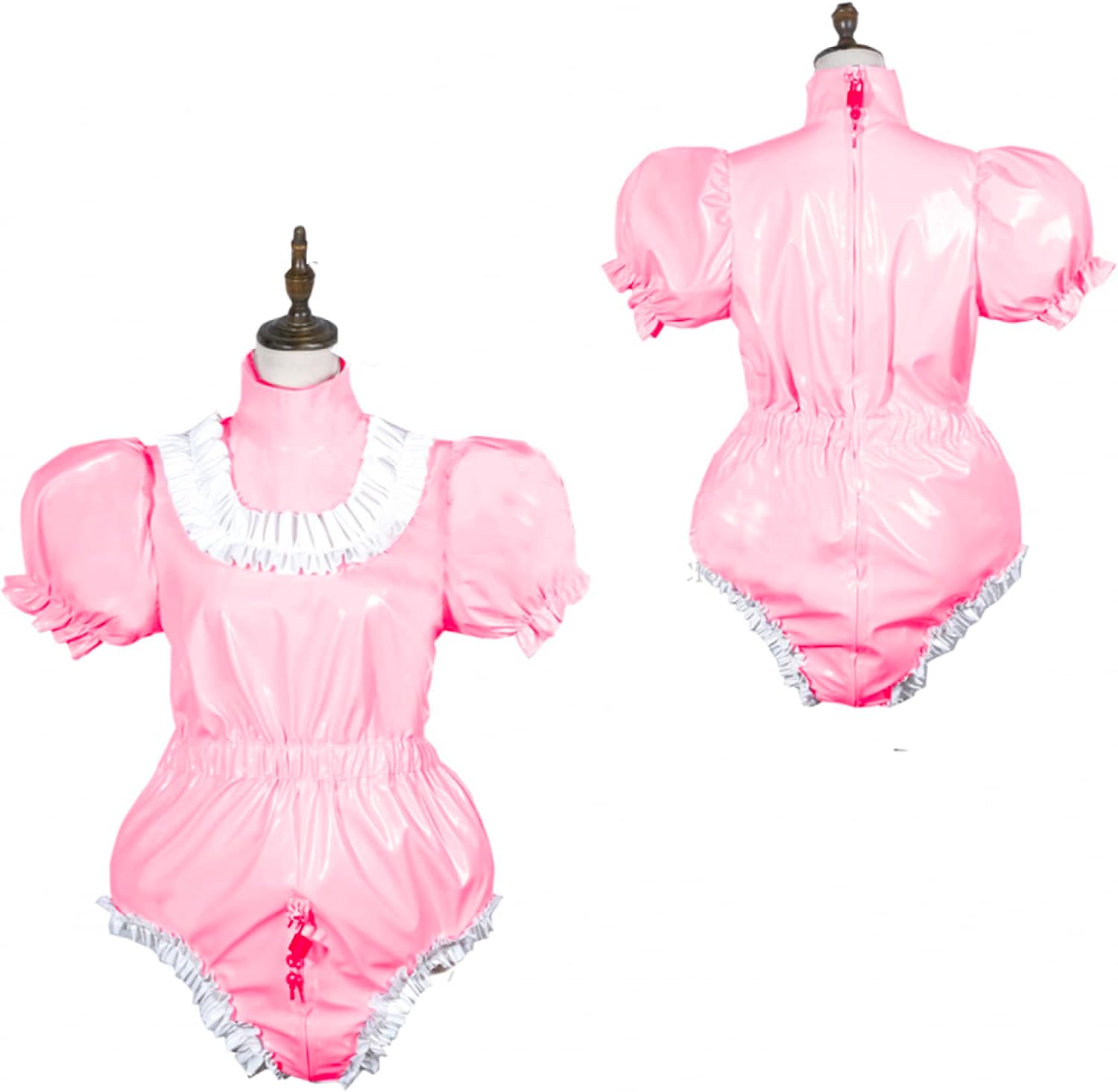 Bodysuit Shiny PVC Short Sleeve Maid Costume Vinyl Maid Dress Lockable Jumpsit Plus Size,Light Pink,M