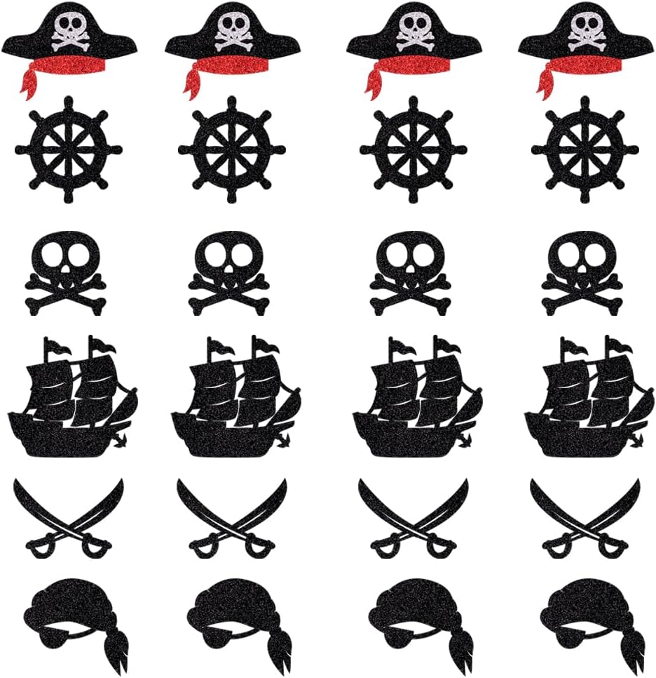 Sleyberoy 24 Pack Pirate Cupcake Toppers - Glitter Compass, Skull, Pirate Ship, Ship Anchor Picks for Party Cake Decorations