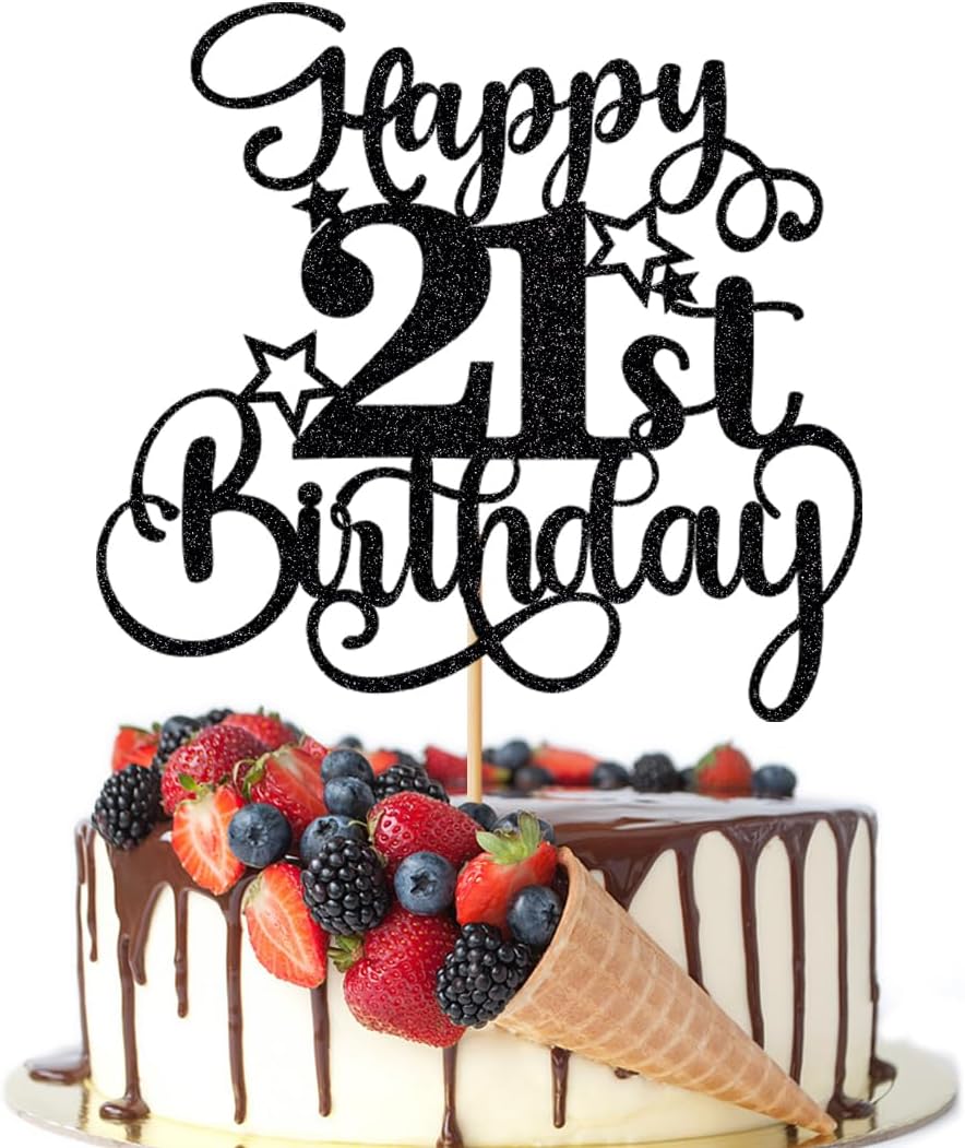 1 PCS Happy 21st Birthday Cake Topper，Glitter Cheers to 21 Years Birthday Cake Pick 21 Fabulous Cake Decoration，Boys Girls 21st Birthday Party Anniversary Party Supplies(21, Black)