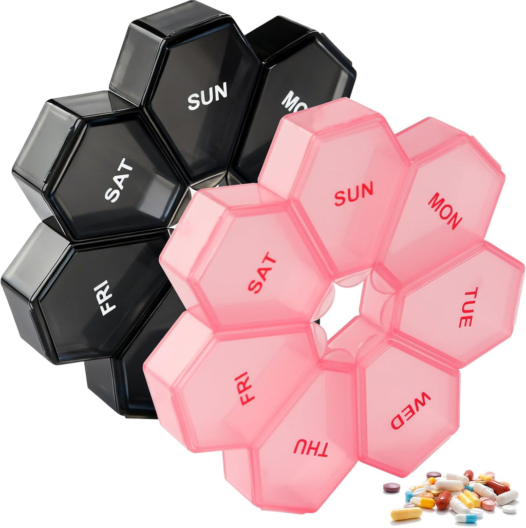 2 Pack 7-Day Weekly Pill Organizer, Daily Vitamin Pill Case, Portable Medication Management Pill Box for Home Travel Purse Pocket (Pink&Black)