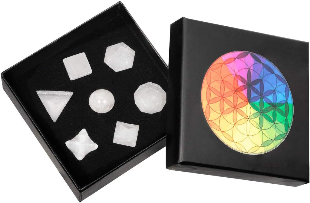 mookaitedecor 7 PCS Rock Crystal Platonic Solids Sacred Geometry Set, Polished Tumbled Stones with Merkaba Star Kit for Reiki Healing and Meditation