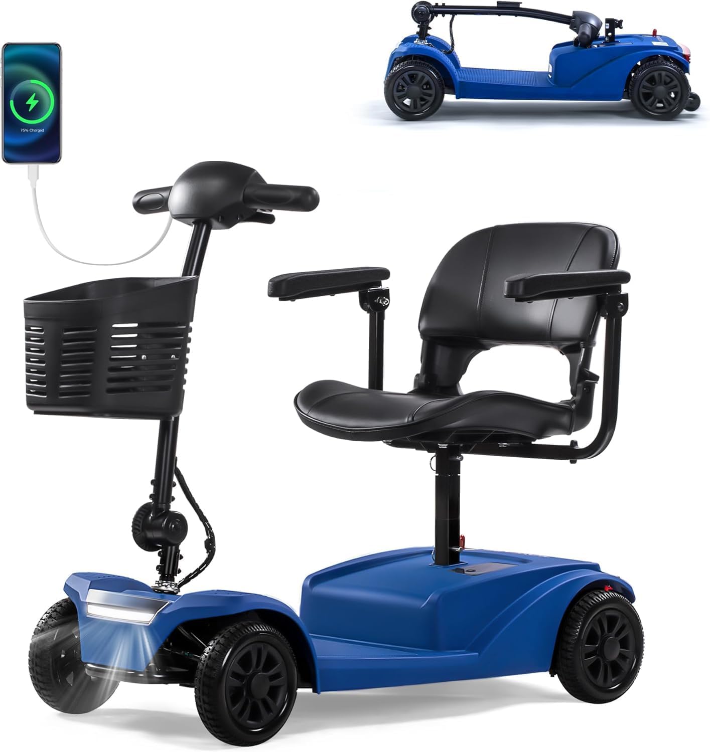 15-25 Miles Long Range Mobility Scooter, Wheelchair Device, Powered Mobility Scooters for Seniors, Adults, Compact Duty Mobile for Travel with LED Headlight and Detachable Basket (Blue)