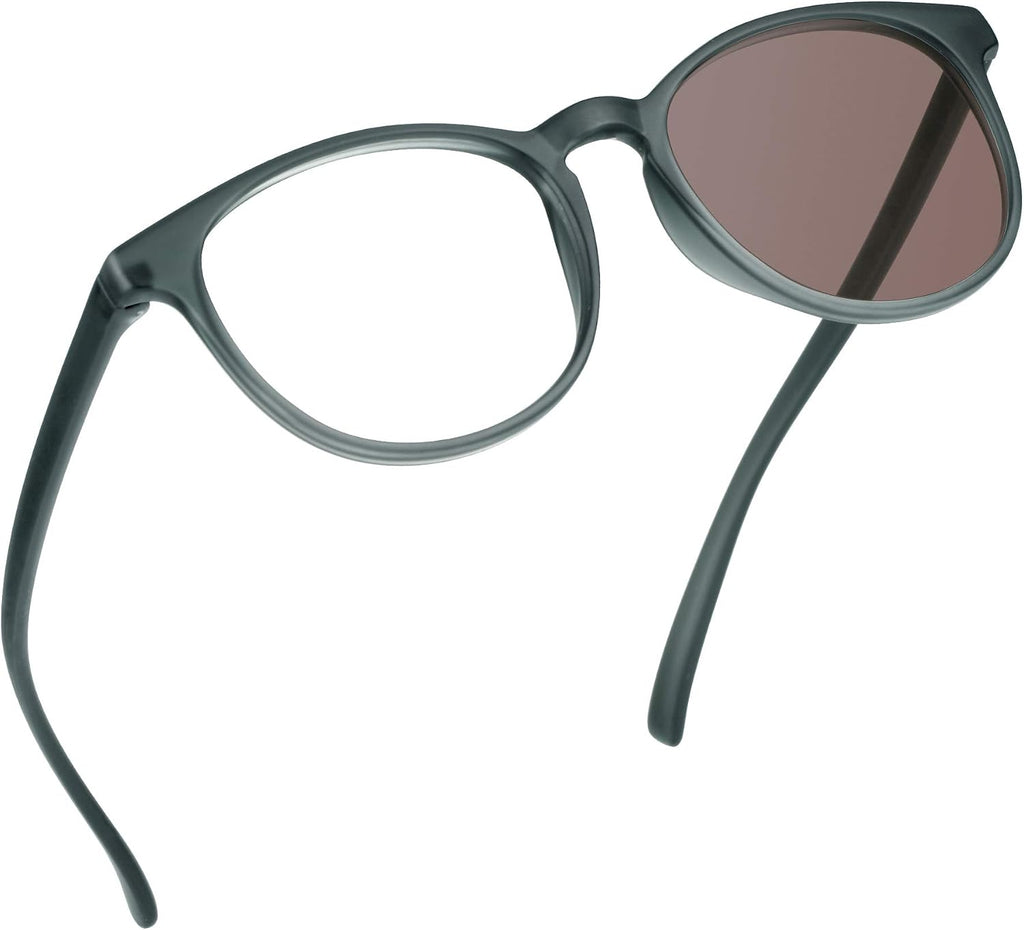 YEIN Blue Light Blocking Glasses, Spring Hinge Photochromic Brown Sunglasses, Computer Reading Glasses, Gaming Glasses, TV Glasses for Women Men(Matte Gray,+0.75 Magnification)