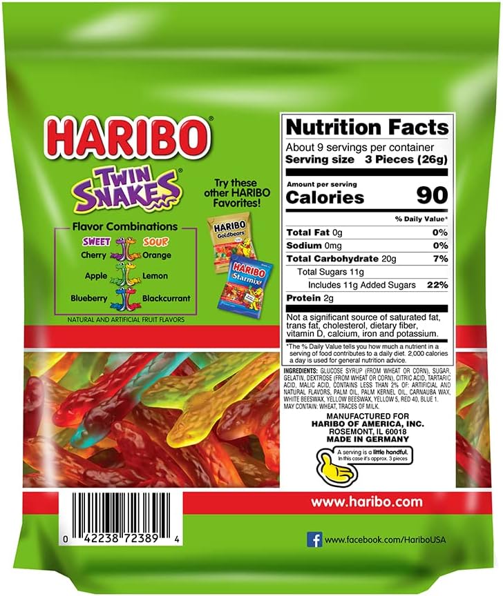HARIBO Gummi Candy, Twin Snakes Sweet & Sour Gummy Candy, 8.3 Ounce Resealable Share Size Stand Up Bag, Soft & Chewy Snacks, Assorted Fruity Flavors