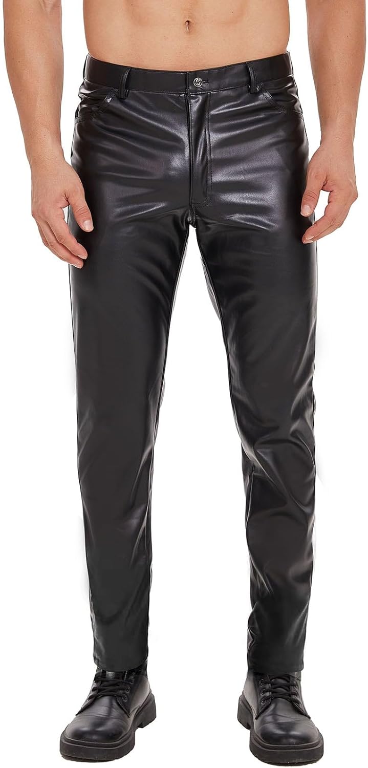 Mens Shiny Leather Pants, Soft Matte, Sexy Zipper Open Crotch, Male Casual Trousers Black