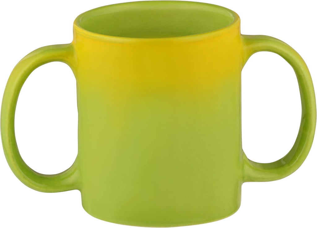 Dual Handle Mug (Double Grip Mug) made of Ceramic to Aid Tremors, 11.83 US Fl. Oz. (350mL) (Yellow & Green)