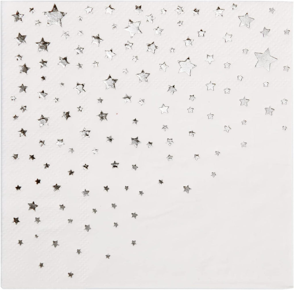 Stylish Silver Cocktail Napkins, 100 3 Ply White and Silver Napkins for Wedding Reception, 5x5 Inch Star Napkins, Paper Cocktail Napkins for Party, Bridal Shower Napkins or Party Napkins