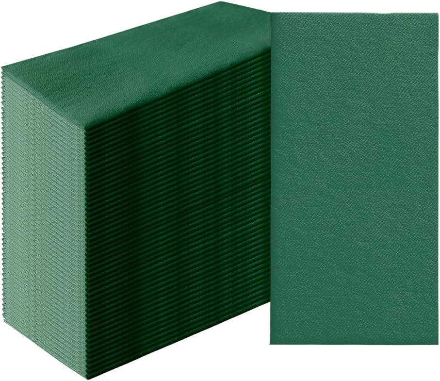 PAW - 50-Pack Disposable Dark Green Linen-Feel Guest Towels 8" x 4" Folded, European Quality Hand Towels, Elegant Dinner Napkins for Special Occasions - Wedding, Birthday, Holiday, Bridal Shower