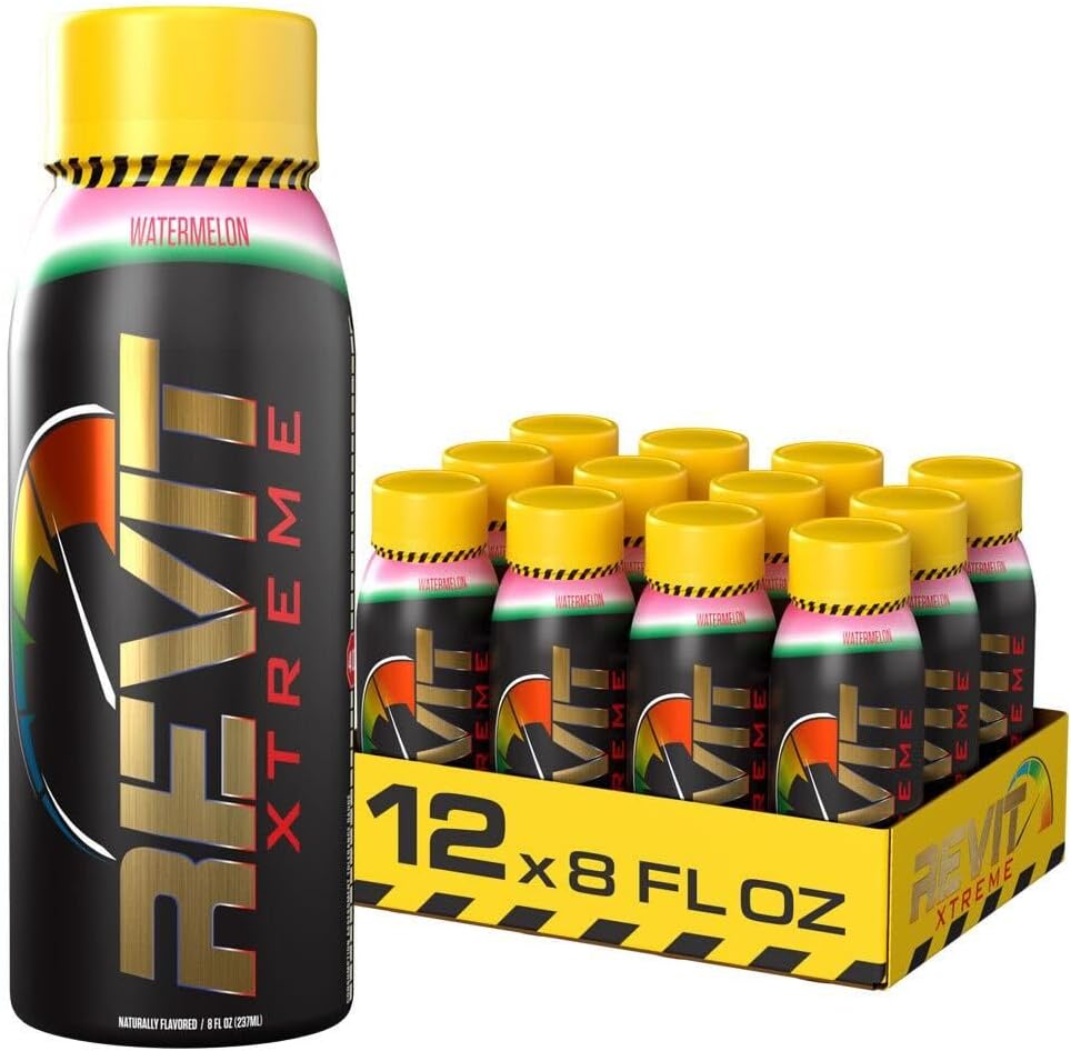 Steel Revit Xtreme Energy Drink Watermelon 8oz (12-Pack) | 375mg Caffeine, 7 Essential Vitamins| Sugar-Free, Resealable Cap, All-Day Energy