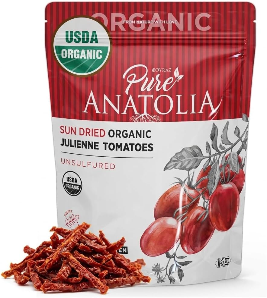 Pure Anatolia Organic Sun-Dried Tomatoes Julienne Cut – Dry Packed, No Oil Added, Unsulfured, No Preservatives – Premium Turkish Quality – Perfect for Pasta, Salad & Cooking – 3.17 oz Resealable Bag