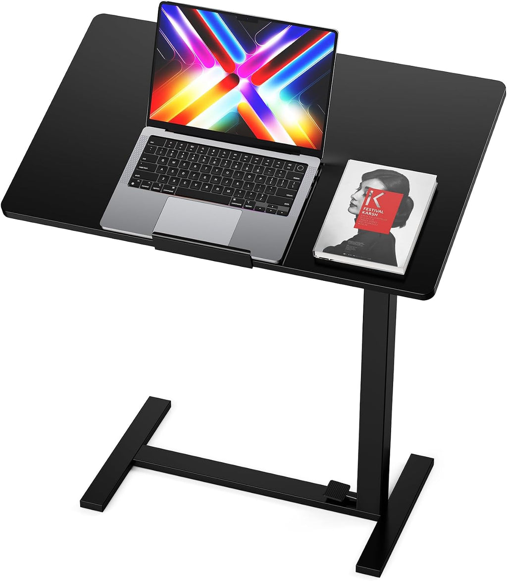 Mobile Standing Desk Adjustable Overbed Table, Pneumatic Height Adjustable Rolling Laptop Desk with Hidden Wheels, 0-180°Tilt Top Rolling Computer Cart Foldable for Home Office, Craft & Study, Black