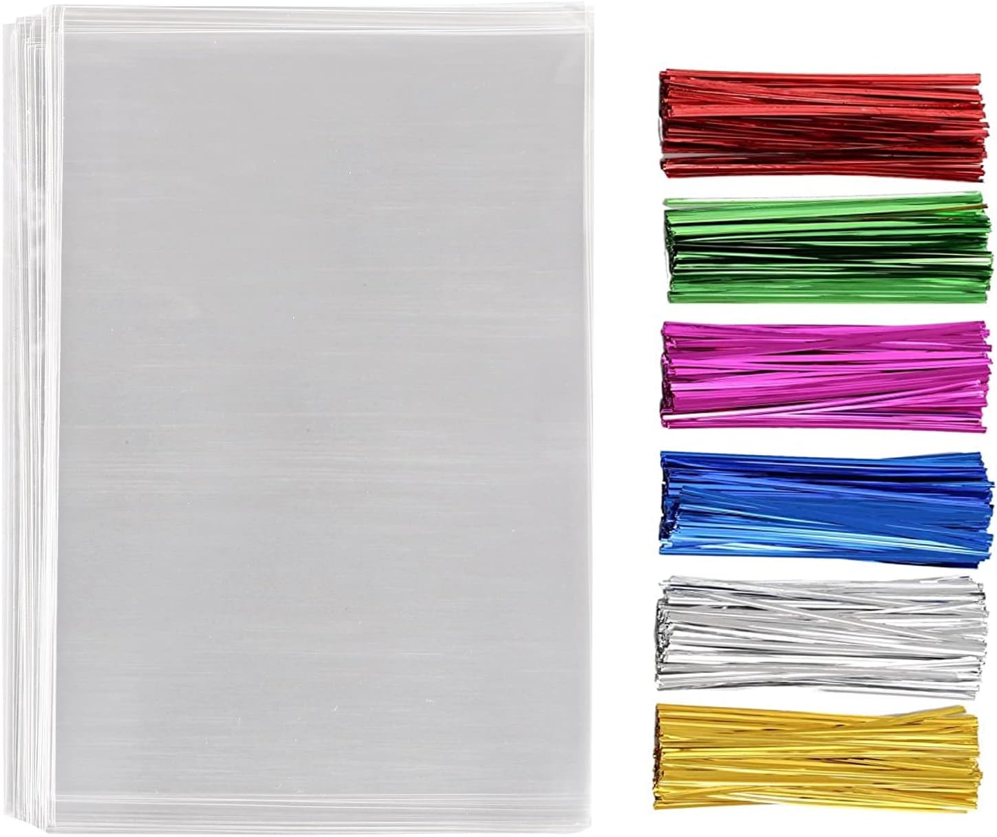 MoloTAR 200 Pcs 6 in x 8 in(1.4mil.) Clear Flat Cello Cellophane Treat Bags Good for Bakery, Cookies, Candies,Dessert with five random color Twist Ties!