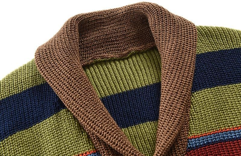 Mens Rainbow Cardigan Sweaters Striped Color Block Shawl Collar Sweatshirt Cable Knit Open Front Warm Lapel Outwear