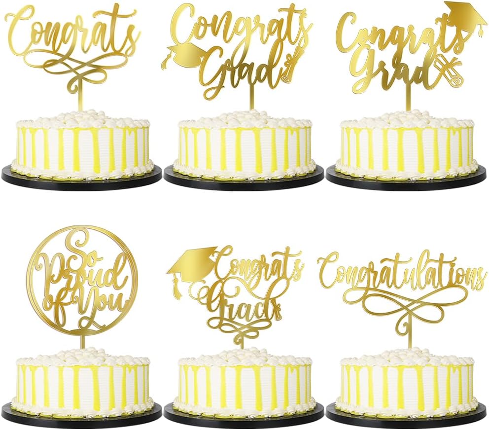 PALASASA Congrats Grad Cake Topper-Class of 2025 Graduate Party-2025 High School/College/Senior Graduation Party 6 kinds Design Graduation Acrylic Cake Decorations (6 Pcs, Gold)