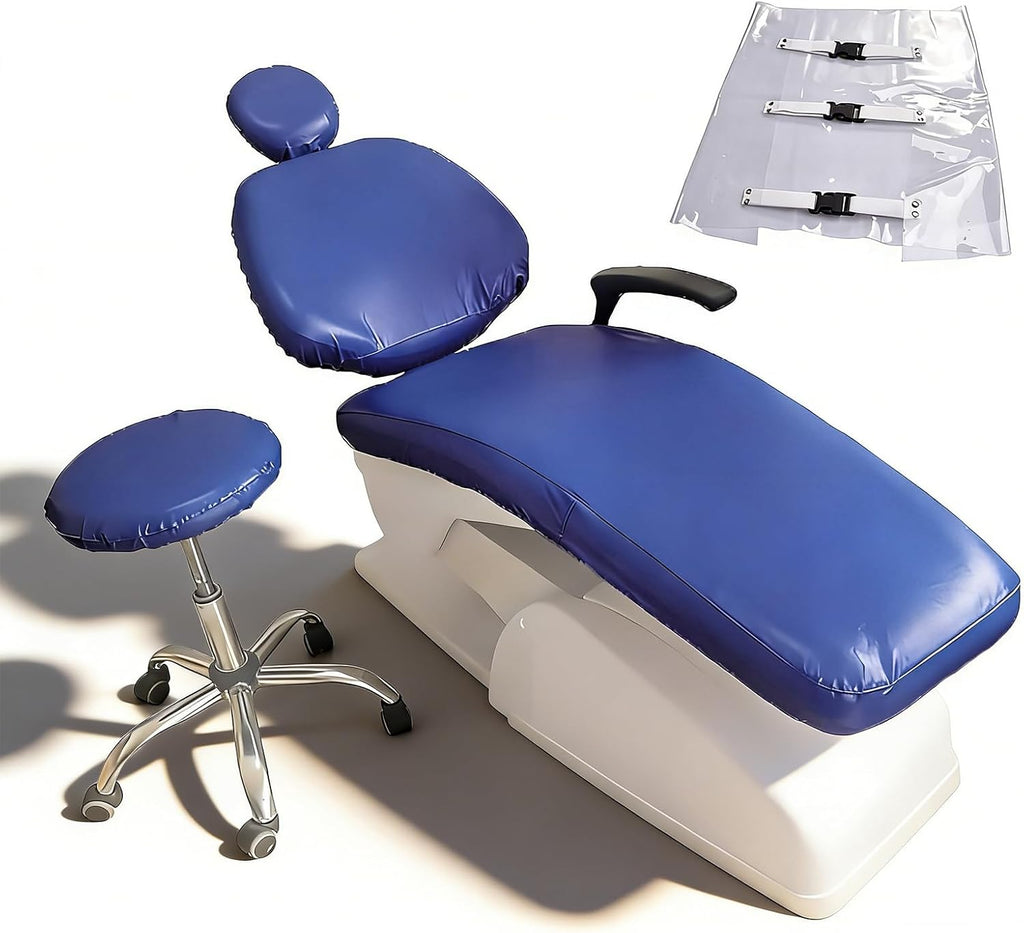 5Pcs Dental Chair Covers Set - Waterproof & Non-Slip PU Leather Elastic Full Covers with Foot, Seat, Headrest & Backrest Protectors for Dental Clinic Chairs(Deep Blue)