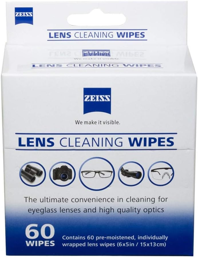 ZEISS Lens Cleaning Wipes, Pre-Moistened, Individually Wrapped Wipes for Coated Glass on Binoculars, Glasses, Sunglasses, Camera Lenses, and Scopes, 60 Count