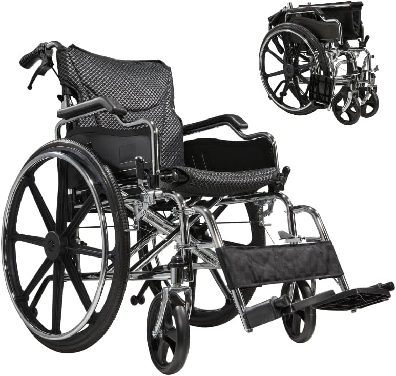Lightweight Foldable Manual Wheelchair for Adults with 20" Seat & 275 lbs Capacity - Front/Rear Locking Brakes, 24" Quick-Release PU Wheels, Removable Footrest (Silver)
