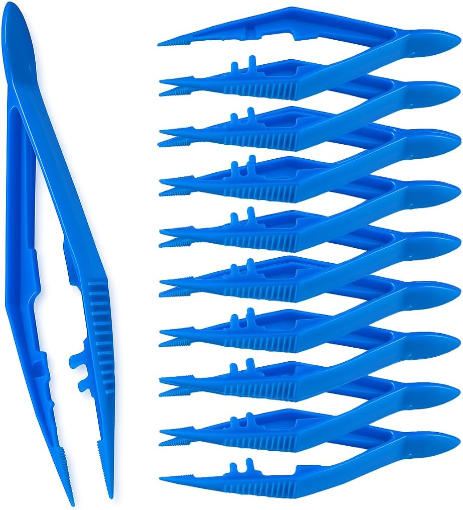Vakly Disposable Plastic Forceps Tweezers Blue (10 Pack) – Serrated Tip Pickup Tweezers with Finger Ridges & Narrow Points for First Aid, Medical, Lab, Crafts & School Science