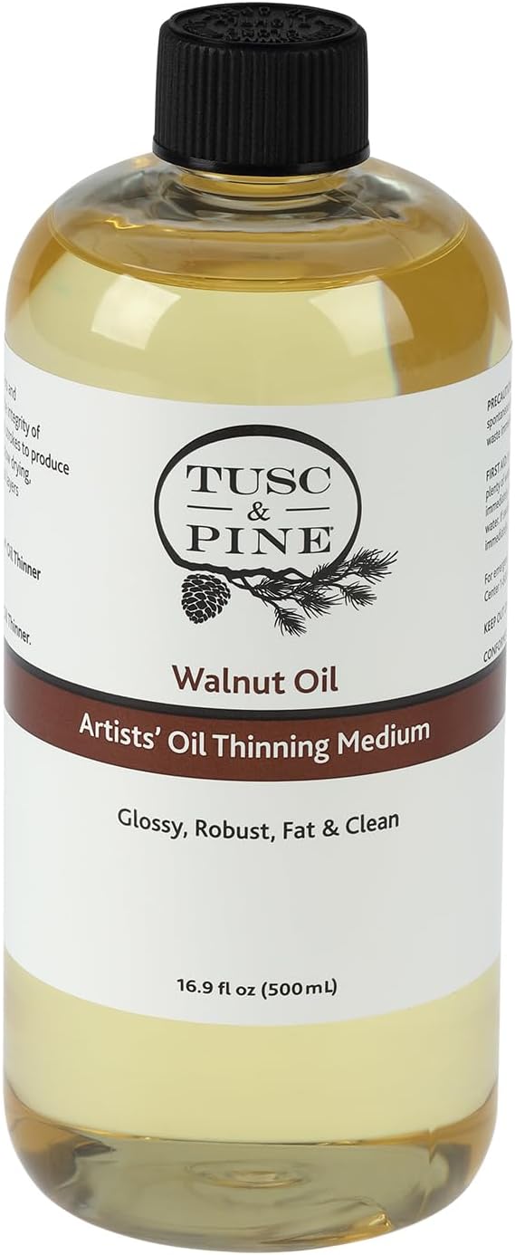 Tusc & Pine Walnut Oil for Painting - 16.9 Oz Bottle - Professional Artists' Paint Medium, Increase Sheen, Slows Drying Time, Solvent Free Thinner, Refined in Small Batches in North Carolina