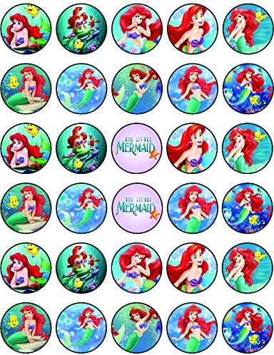 30 x Edible Cupcake Toppers Themed of Little Mermaid Collection of Edible Cake Decorations | Uncut Edible on Icing Sheet
