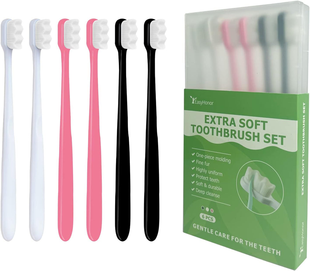 EasyHonor Extra Soft Toothbrush for Sensitive Gums,Micro Fur Manual Toothbrush, 20000 Soft Floss Bristle for Pregnant Women, Elderly, etc. (2black+2white+2pink，All White Bristle)