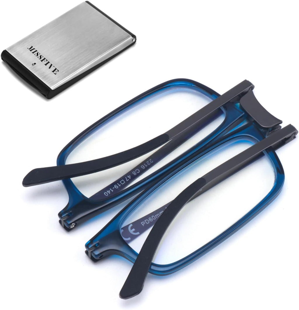 Missfive Premium Folding Reading Glasses Blue Light Blocking for Men Women, Ultra Thin Foldable Portable Travel Readers with Durable Pocket Metal Case, Compact Eyewear 2.0x