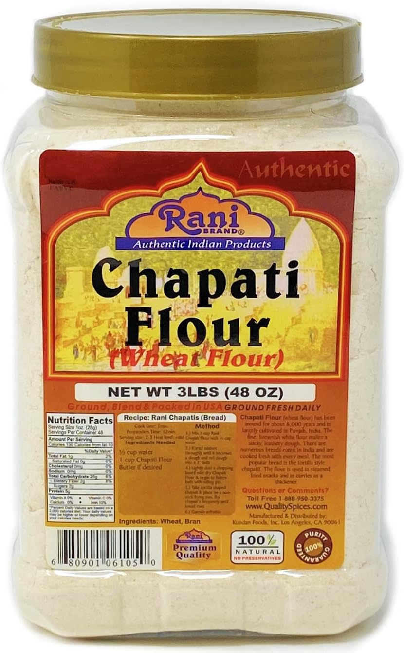 Rani Chapati Flour (100% Pure Whole Wheat Atta), For Making Roti & Indian Breads 48oz (3lbs) 1.36kg PET Jar ~ All Natural | Vegan | No Salt or Colors | NON-GMO | Indian Origin