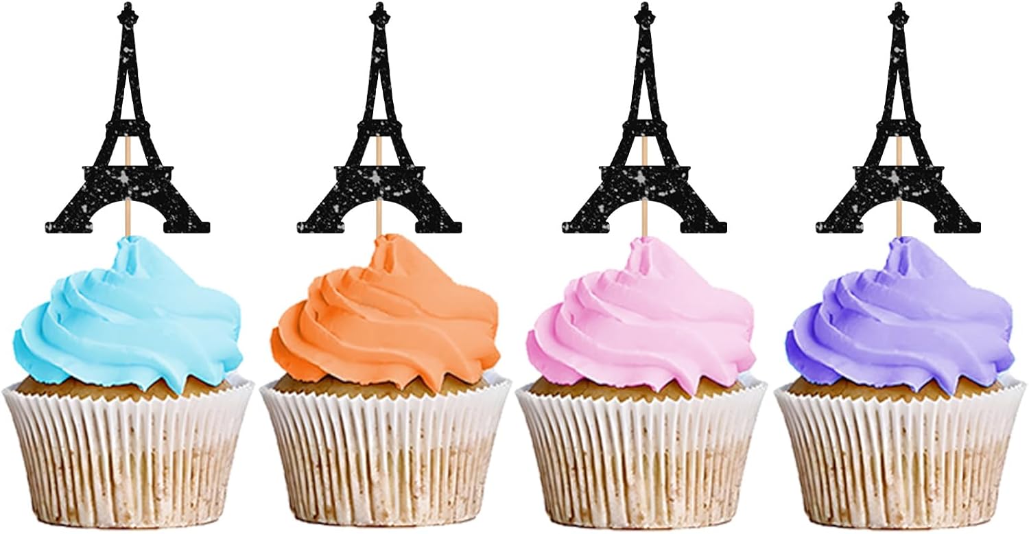 24PCS Eiffel Tower Cupcake Toppers, Wedding Party Decor, Bridal Shower Dessert Cupcake Toppers, Paris Themed Birthday Party Decoration - Black Glitter