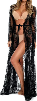 BUTTZO Women Sexy Long Lace Dress Sheer Gown See Through Lingerie Kimono Robe Swimsuit Cover Up