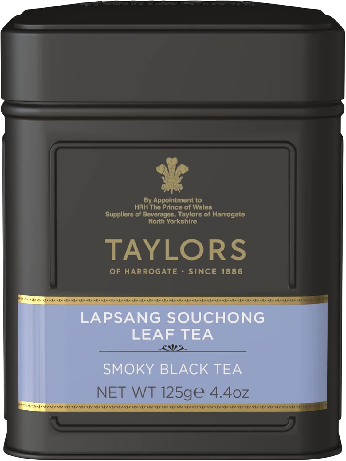Taylors of Harrogate Lapsang Souchong, Black Tea, Loose Leaf, 4.41 Ounce Tin Caddy, Smoky, Rich and Strong, Caffeinated, Premium Whole Leaf Tea