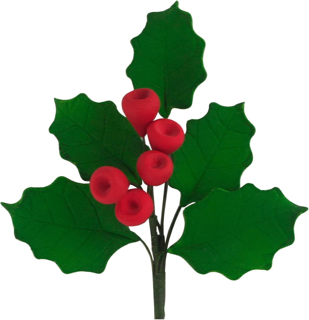 O'Creme Holly-&-Berry Gumpaste-Flower Spray 3.25 inch x 3.25 inch - for Cake Decorating - Sugar Paste Decorations for Cakes, Cupcake Toppers - Birthday, Wedding, Valentines, Baby Shower - Set of 3
