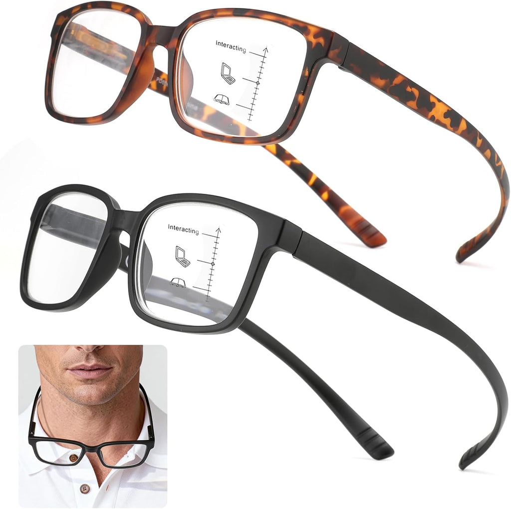 CARA 2 Pack Progressive Multifocus Reading Glasses for Men Women Around the Neck Hanging Frame Blue Light Blocking Readers, 2.50x