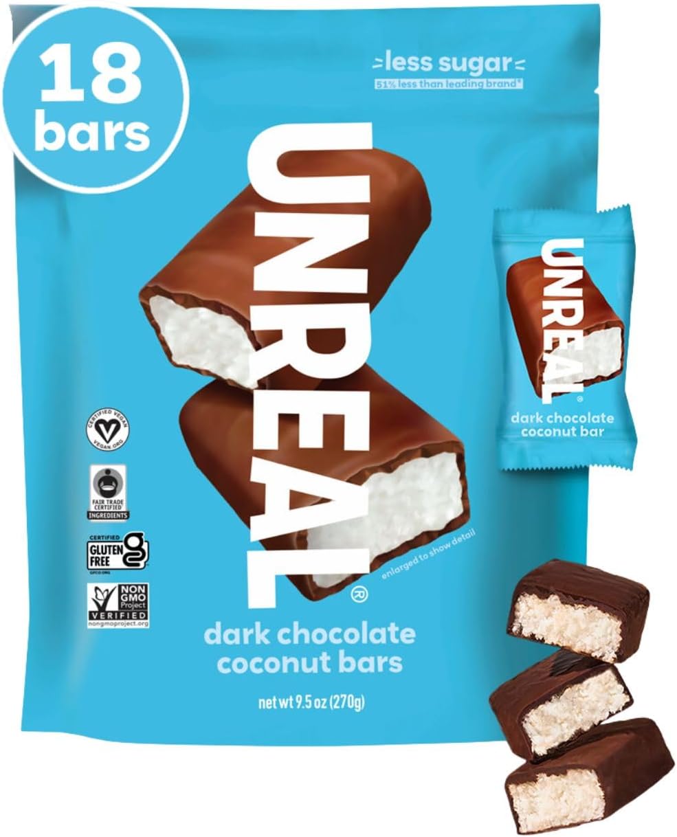 UNREAL Dark Chocolate Coconut Bars (Value Size Bag) | Vegan, 3g Sugar, & 3 Simple Ingredients | Non-GMO, Gluten Free, & Fair Trade | 9.5oz