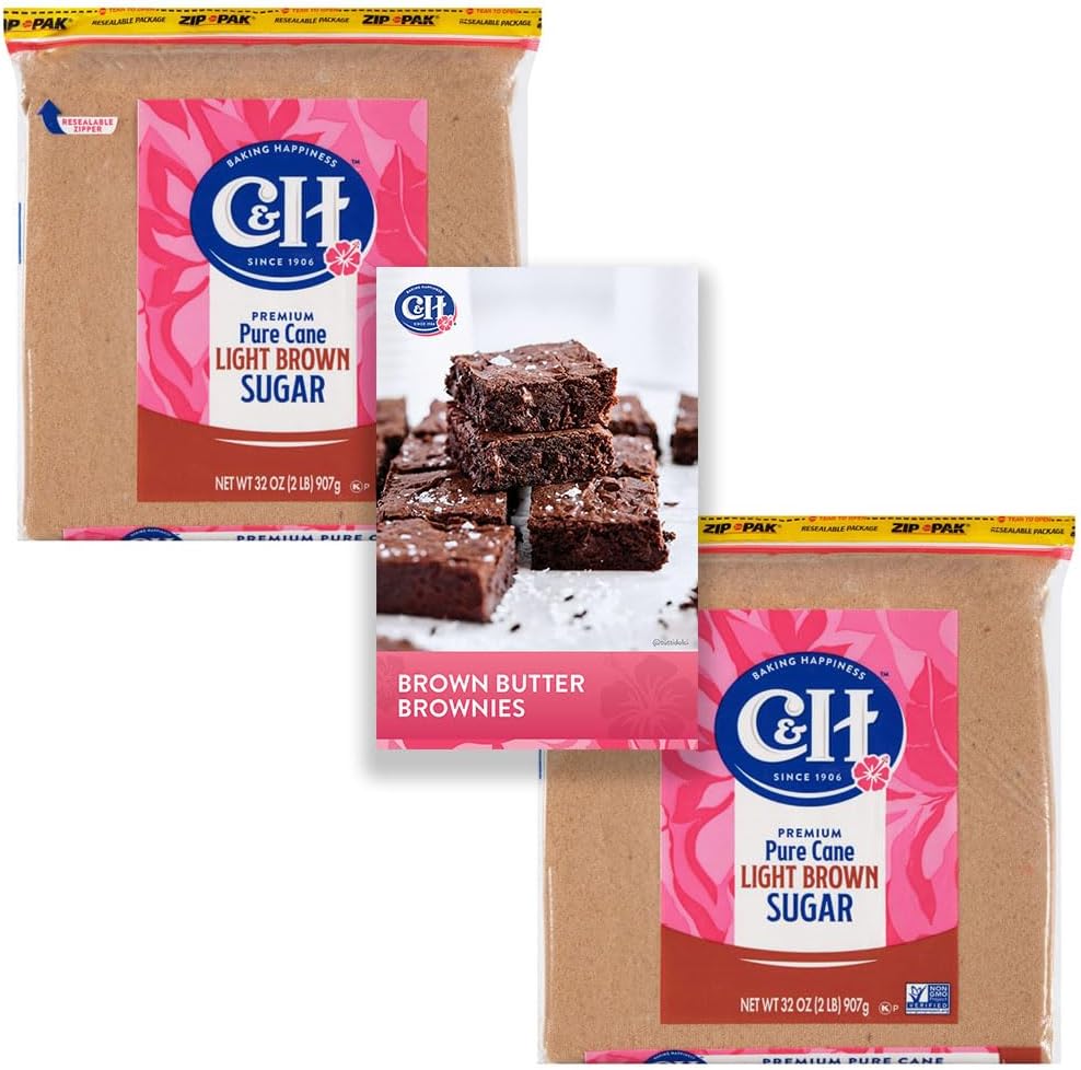 C&H® Light Brown Sugar, 2 lb Zipper Bag (2-Pack) - Ideal Sugar for Baking and Desserts - Includes Bonus Recipe Card