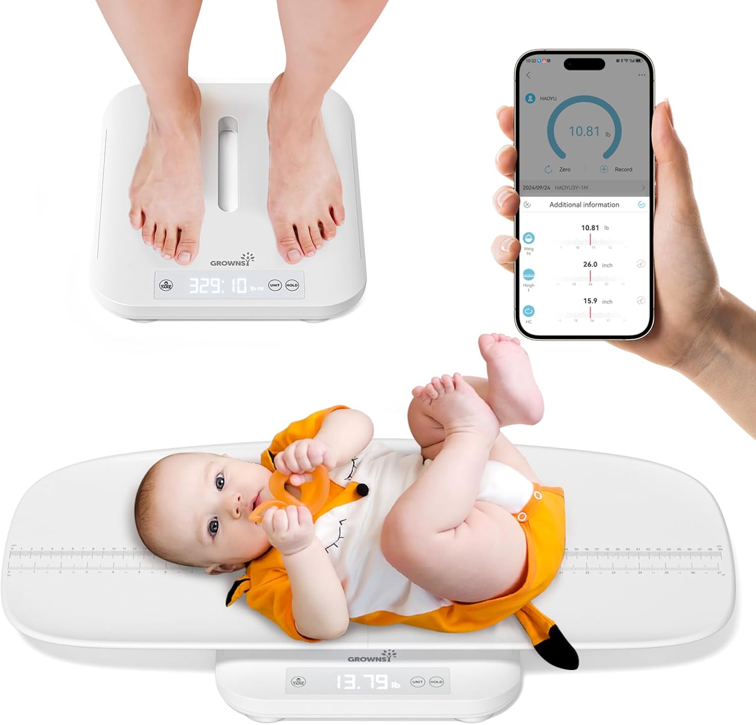GROWNSY Smart Baby/Pet Scale,Digital Baby Weight Scale with App for Tracking Growth of Infant, Toddler,Puppy,and Cat—Supports Up to 330 lbs, with Hold Function, 27-inch Height Measurement,5 Units