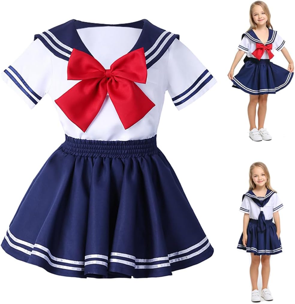 Kids Sailor Cosplay Costume Dress Anime Japanese School Uniform Shirt Skirt Bow Tie Outfits for Girl
