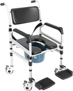 Rolling Shower Chair with Wheels - Bedside Commode Chair for Toilet with Arms, Adjustable Height Folding Bath Commode Wheelchair, Bathroom Chair for Elderly, Disabled, Injured