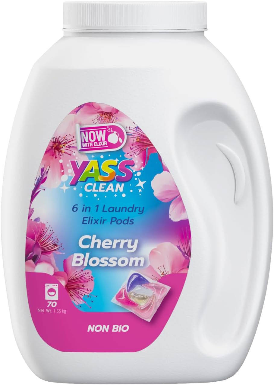 6-in-1 Laundry Detergent Pods, Odor Defense & Stain Remover, Laundry Pods with Fresh Cherry Blossom Scent, HE Compatible, 70 Count