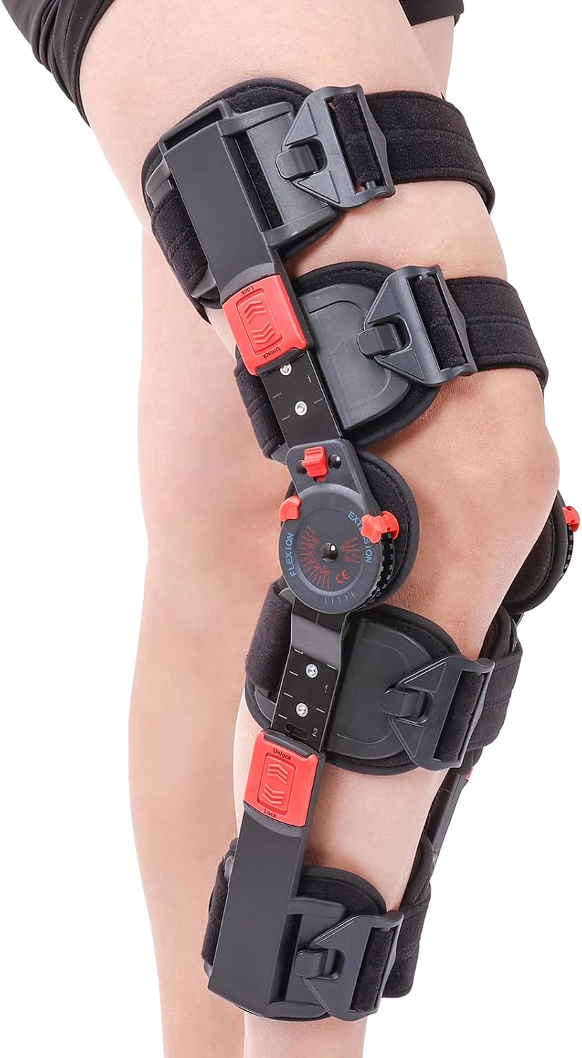 Hinged ROM Knee Brace with Side Stabilizers, Adjustable Post Op Knee Support Orthosis Immobilizer for ACL, PCL and MCL Injury, Medical Knee Orthopedic Support, Leg Stabilizer for Left or Right Leg, Men and Women (Red)